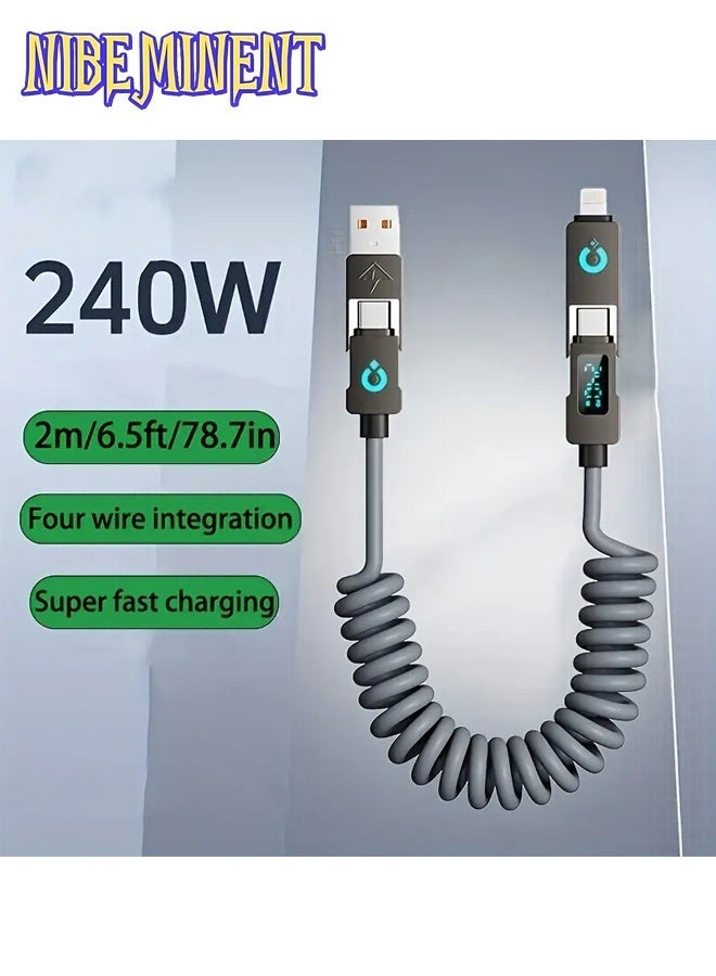 NIBEMINENT كابل شحن USB-C 240 واط 4 في 1 مع شاشة رقمية - سلك نابض ناعم ومرن، شحن سريع لجهاز iPhone وXiaomi وHuawei والمزيد - متعدد المنافذ، نقل بيانات عالي السرعة، قابل للتثبيت في السيارة، كابل شحن للسيارة | كابل شحن مرن | كابل شحن متين (رمادي) - Image 1